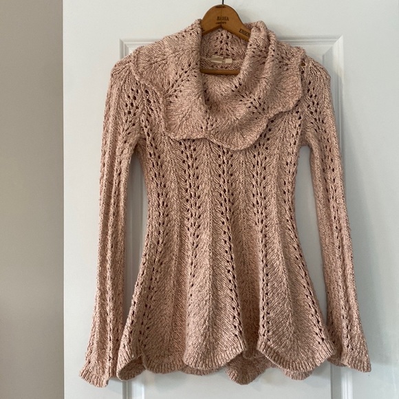 Anthro Little Yellow Bird Pink & Metallic Thread Open Weave Tunic Skater Sweater - Picture 3 of 11